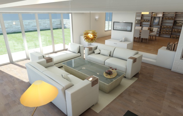 Белые кожаные диваны в светлой гостиной