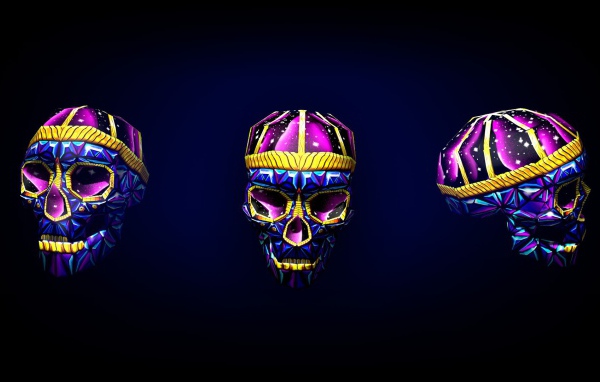 Яркие черепа на черном фоне, 3-Д графика