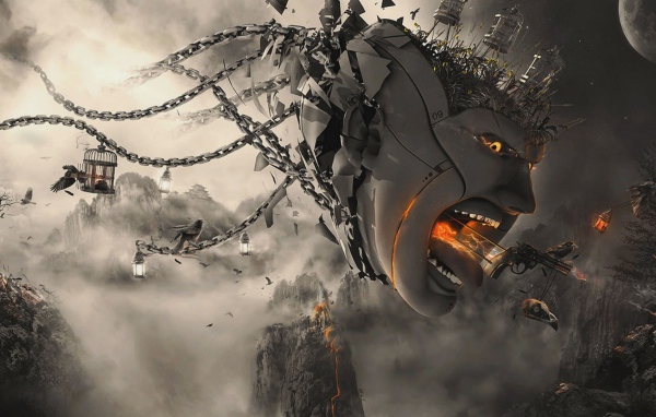 Летающая голова с цепями, 3-Д графика