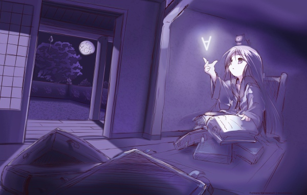 Девочка аниме ловит букву из книги