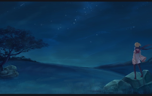 Девушка аниме смотрит на звезды в ночи