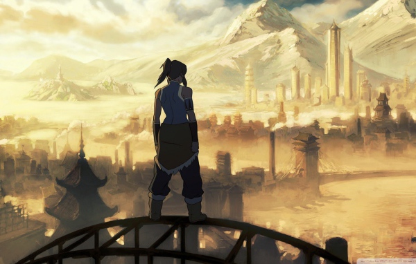 Персонаж аниме Легенда о Корре смотрит на горы