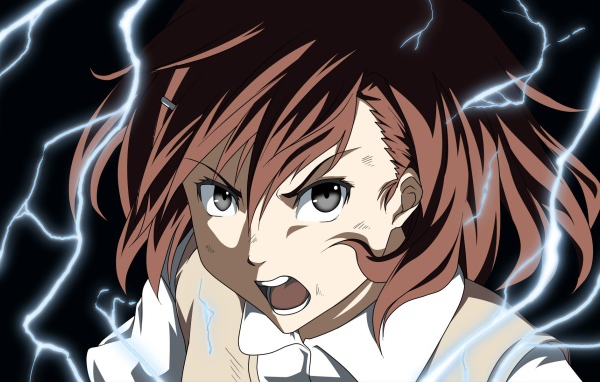 Персонаж аниме Некий научный Рейлган в окружении молний