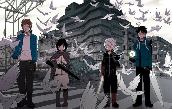Аниме персонажи с оружием среди голубей