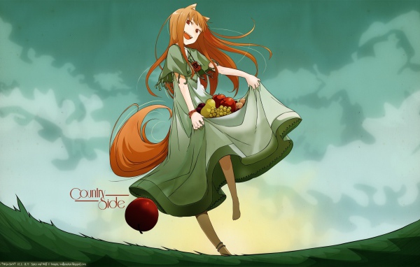 Девушка аниме несет в подоле фрукты