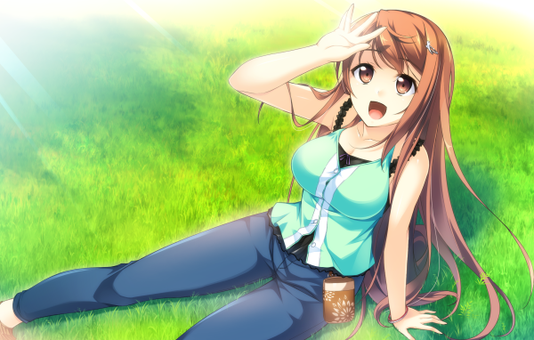 Аниме девушка шатенка сидит на газоне
