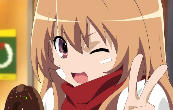 Девушка аниме кушает пончик и подмигивает