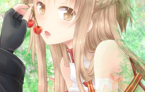 Аниме девушка Yuuki Asuna кушает вишни