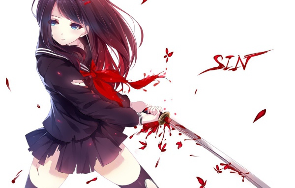 Девушка аниме держит катану с каплями крови