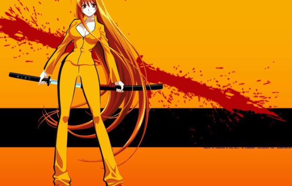 Аниме девушка на оранжевом фоне с катаной