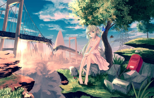 Аниме девушка на фоне разрушенного моста