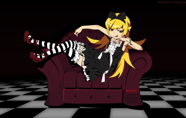 Девушка аниме Ошино сидит на кресле