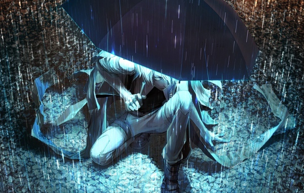 Парень аниме прячется от дождя под светящимся зонтом