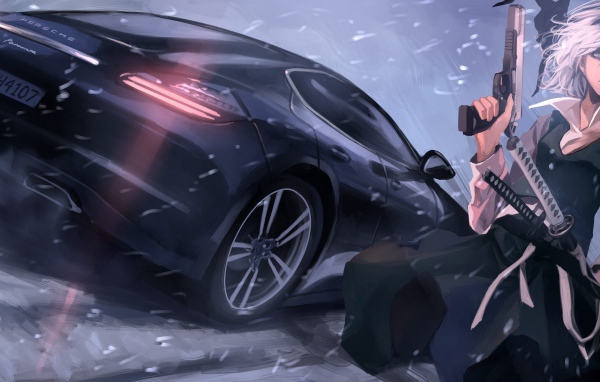 Вооруженный персонаж аниме и Porsche Panamera