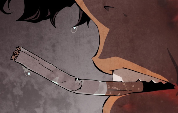 Сломанная сигарета в зубах персонажа аниме Ковбой Бибоп