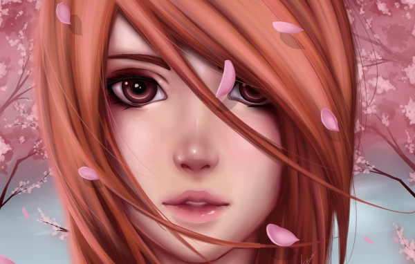 Лицо девушки аниме в лепестках сакуры