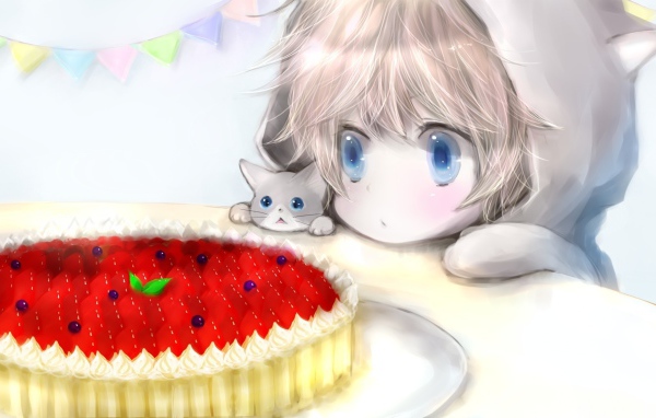 Девочка и кот смотрят на пирог, аниме