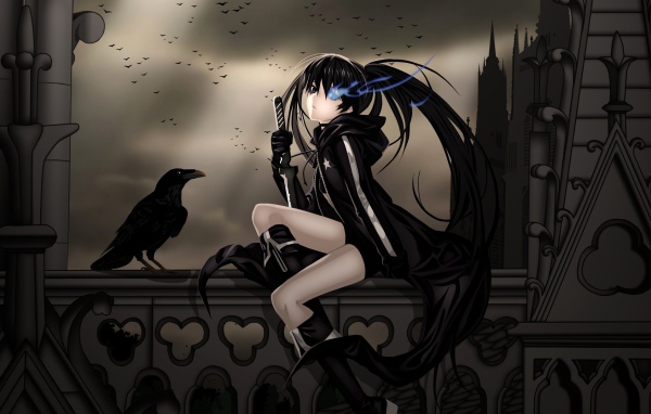 Девушка и ворон в аниме Insane Black Rock Shooter