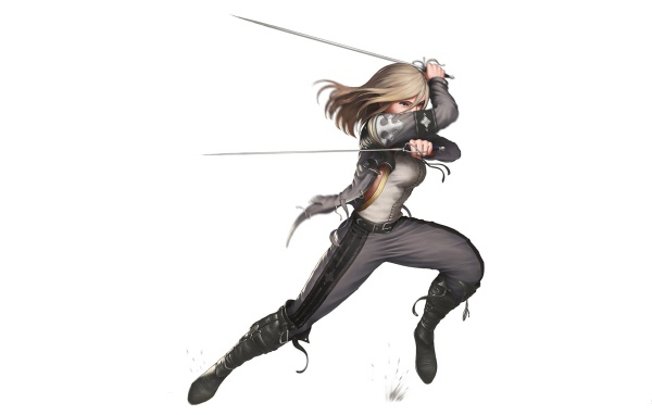 Девушка фехтует рапирами на белом фоне, аниме