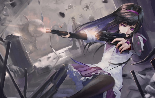 Девушка стреляет из пистолетов, аниме Девочка-волшебница Мадока