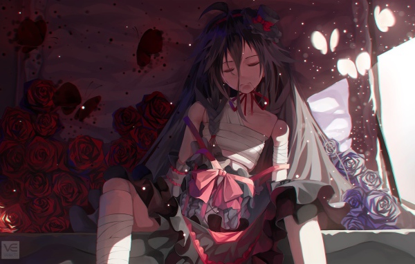 Грустный вокалоид среди роз