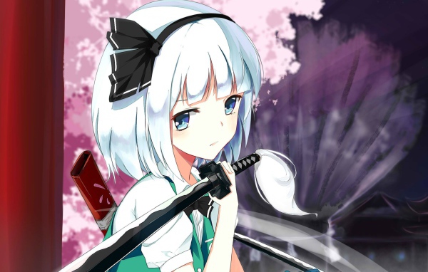 Грустная аниме девушка Konpaku Youmu с мечом на плече