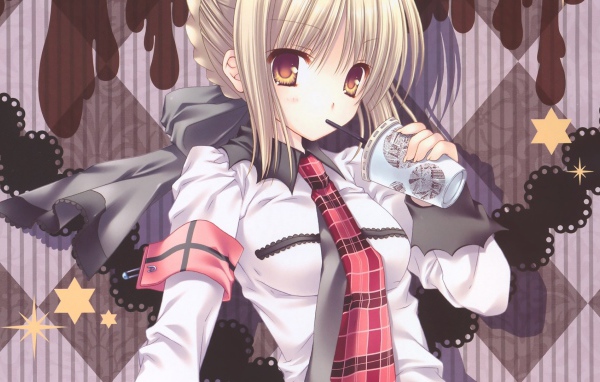 Девушка пьет напиток через соломинку, аниме Ночь прибытия