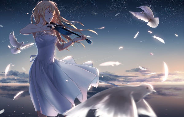Девушка играет на скрипке среди голубей, аниме