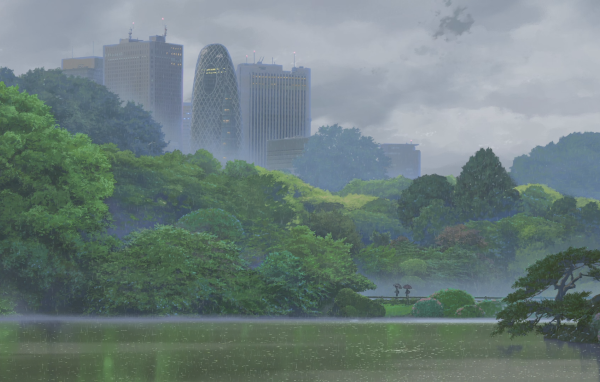 Небоскребы утопают в зелени, рисунок аниме