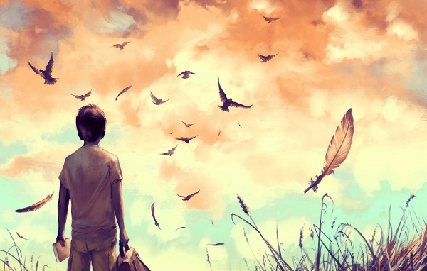 Мальчик смотрит на птиц