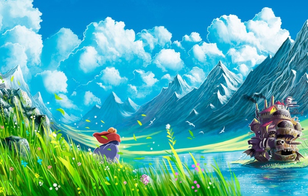 Девушка в горах в аниме Ходячий замок