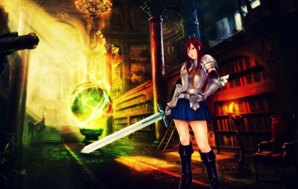 Девушка держит меч в руке, аниме Scarlet Erza