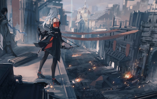 Девушка смотрит на город с высоты, аниме Pixiv Fantasia T