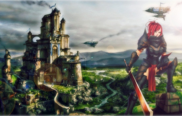 Девушка на фоне замка в аниме Сказка о хвосте феи