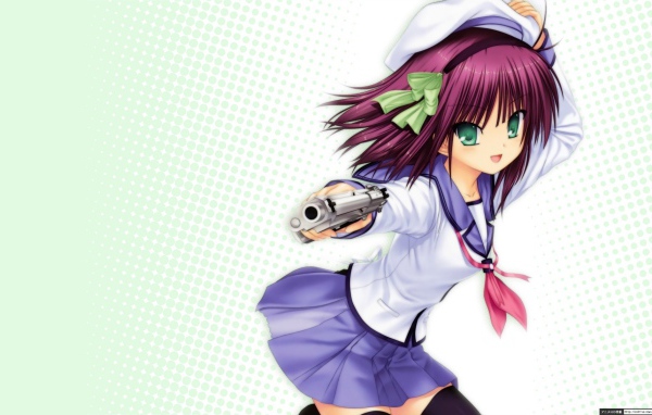 Девушка с пистолетом на голубом фоне, аниме Ангельские ритмы