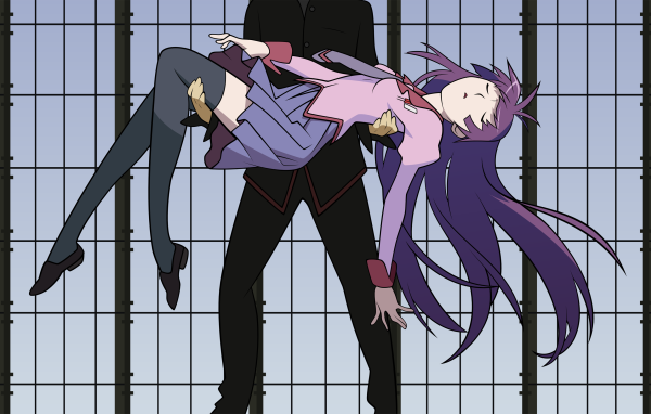 Парень держит девушку на руках в аниме Monogatari Series