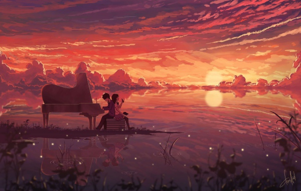 Парень играет на рояле для девушки, аниме