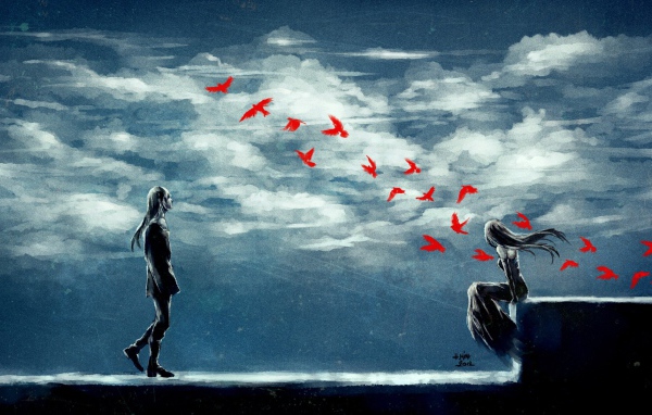 Двое смотрят на стаю красных птиц, аниме