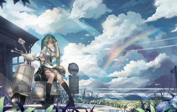 Вокалоид Hatsune Miku на фоне радуги, аниме