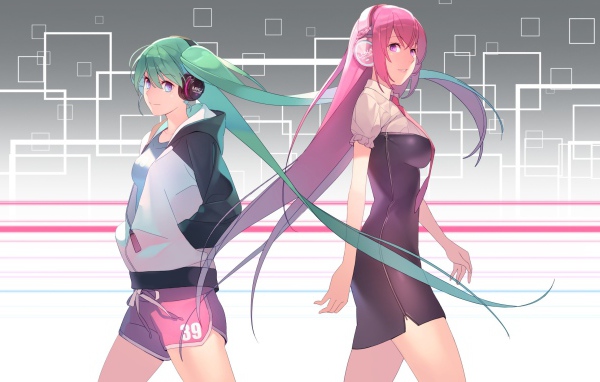 Вокалоиды с зелеными и розовыми волосами, аниме