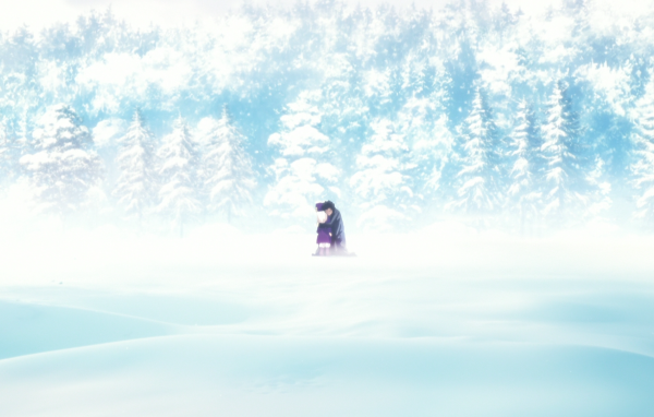 Зимний лес в горах, аниме Ночь прибытия