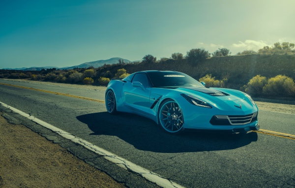 Нежно голубой Chevrolet Corvette C7 под летним солнцем
