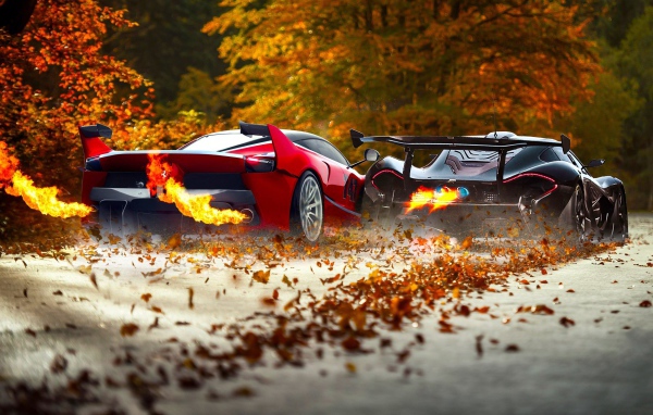Гонка на осенней аллее Ferrari FXXK и McLaren P1