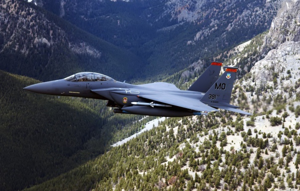 Истребитель F-15 Eagle над горным лесом