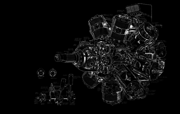 Чертеж мощного двигателя на черном фоне