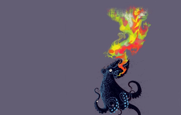 Огнедышащий осьминог, серый фон