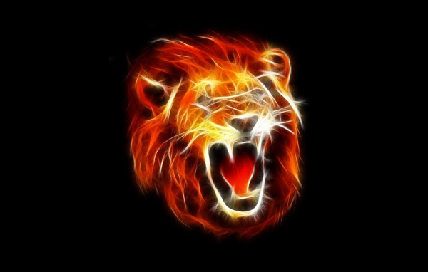 Огненное лицо льва, черный фон
