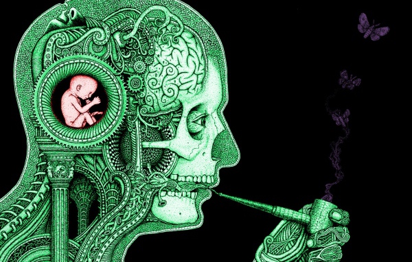 Зеленый силуэт курящего человека на черном фоне