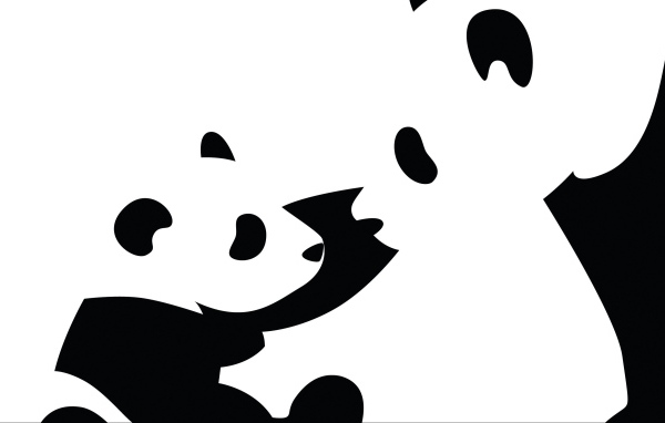 Панда с детенышем, черно белый фон