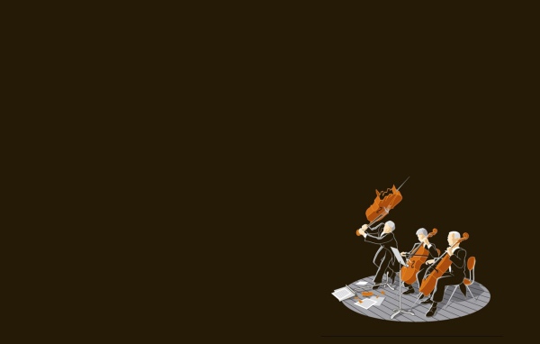 Игра на виолончелях, коричневый фон